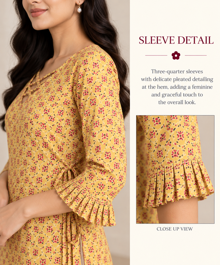 Yellow Floral Print Long Kurti with Criss-Cross Neck and Side Ties