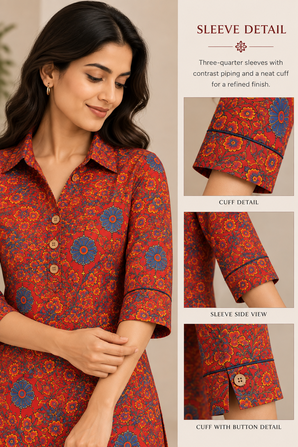 Red Floral Block Printed Shirt Style Short Kurta