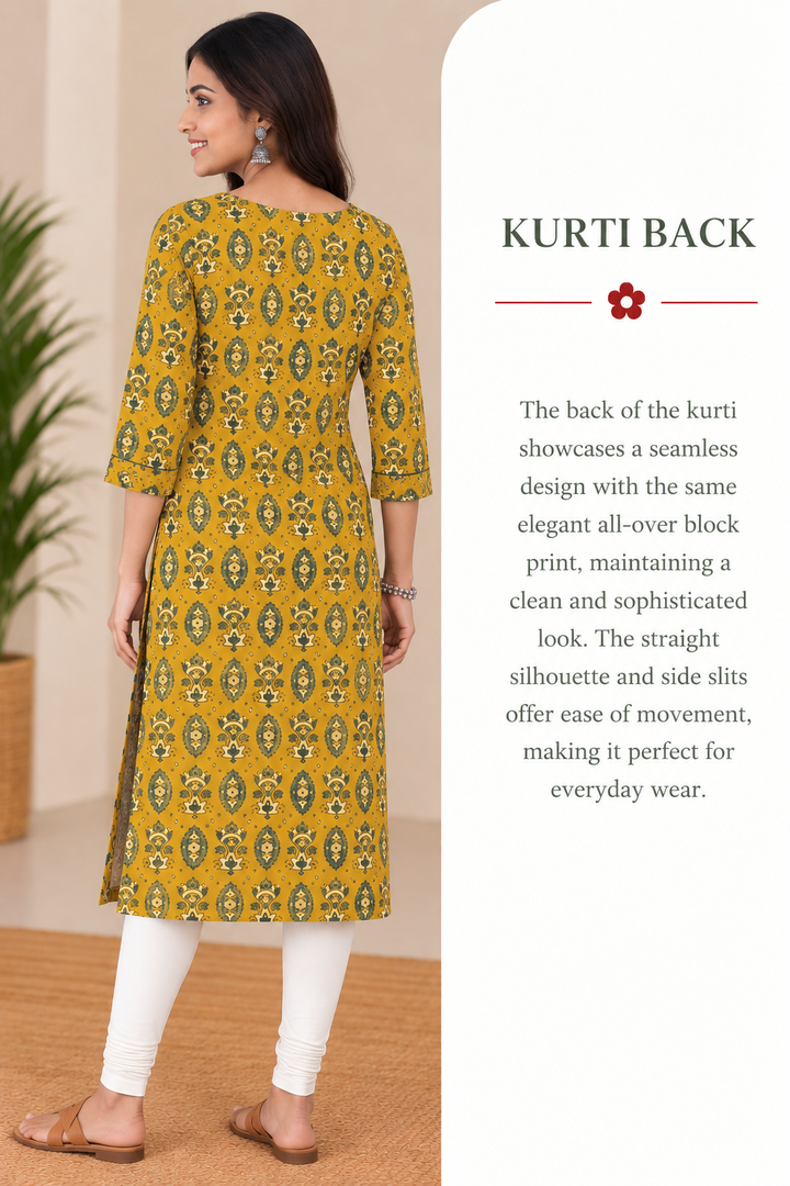 Mustard Cotton Ajrak Hand Block Printed Long Kurta