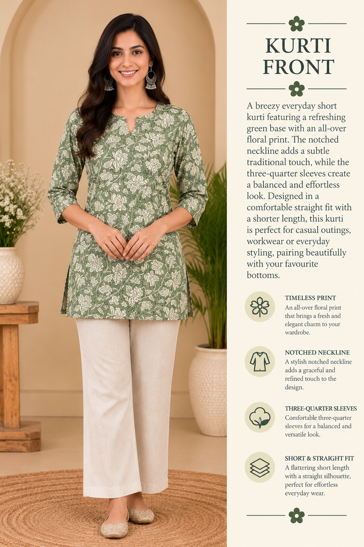 Green Cotton Hand Block Printed Short Kurta
