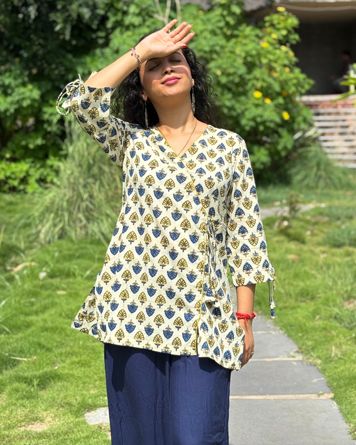 Beige Ajrak Cotton Hand Block Printed Short Kurta