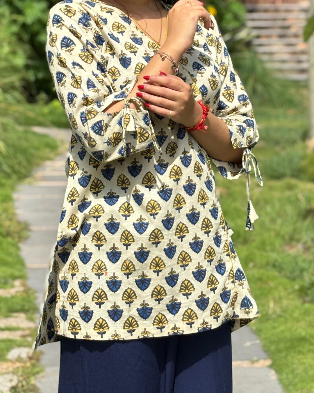 Beige Ajrak Cotton Hand Block Printed Short Kurta