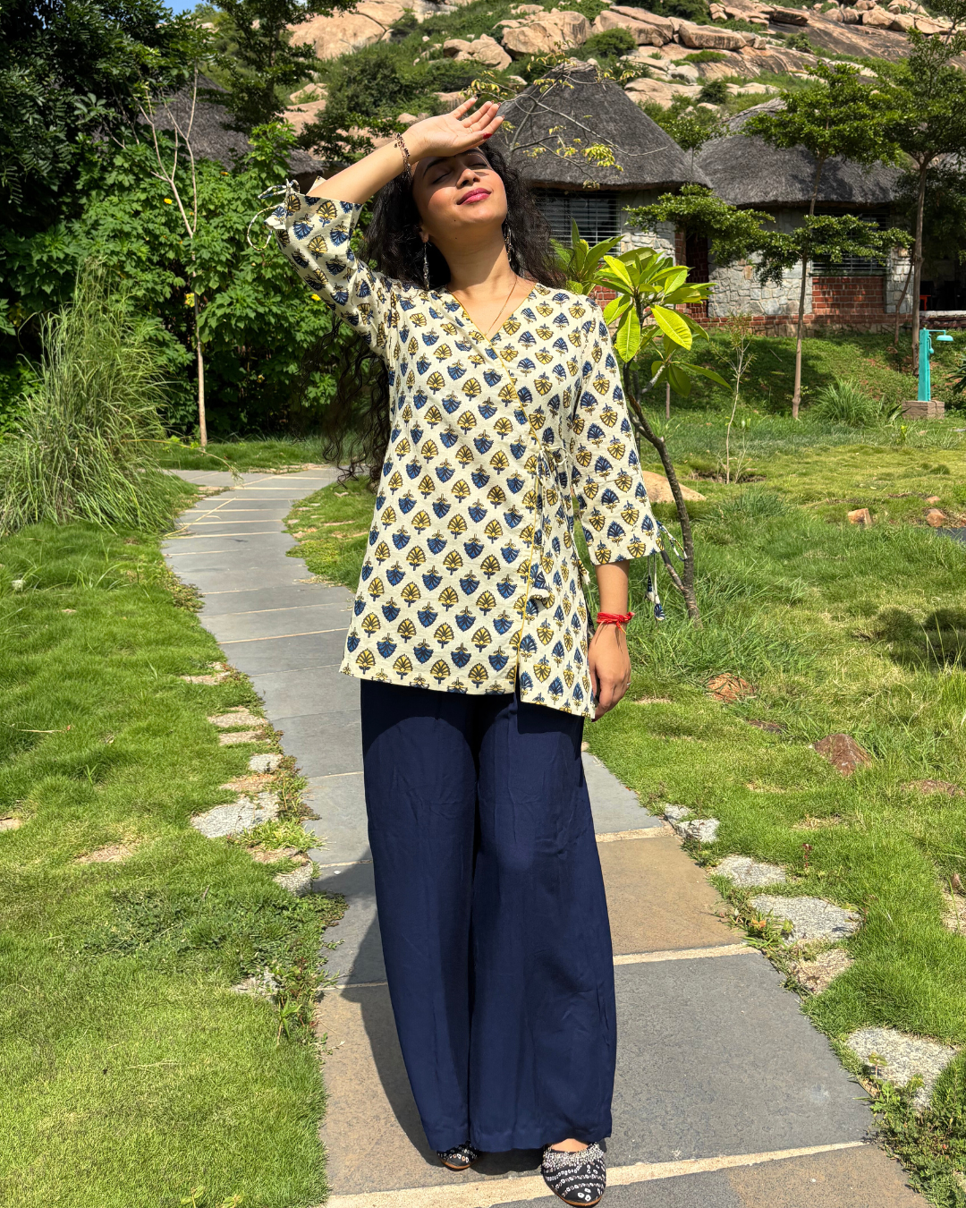 Beige Ajrak Cotton Hand Block Printed Short Kurta