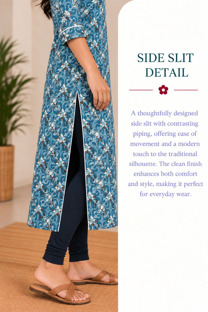 Blue Cotton Kantha Block Printed Long Kurta