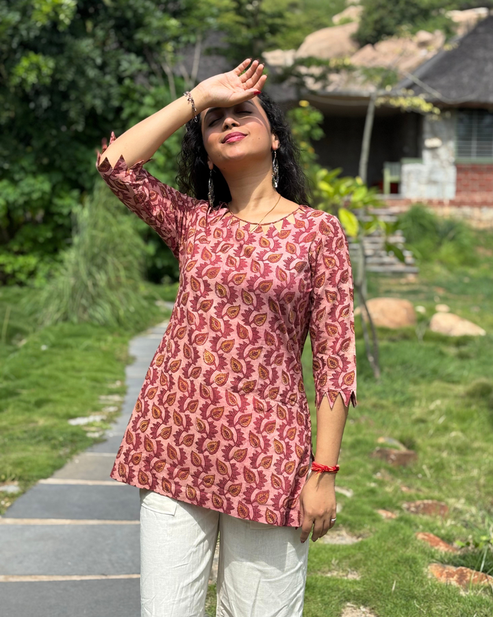 Maroon Cotton Hand Block Printed Short Kurta