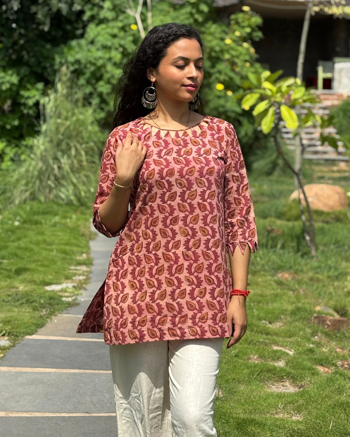 Maroon Cotton Hand Block Printed Short Kurta