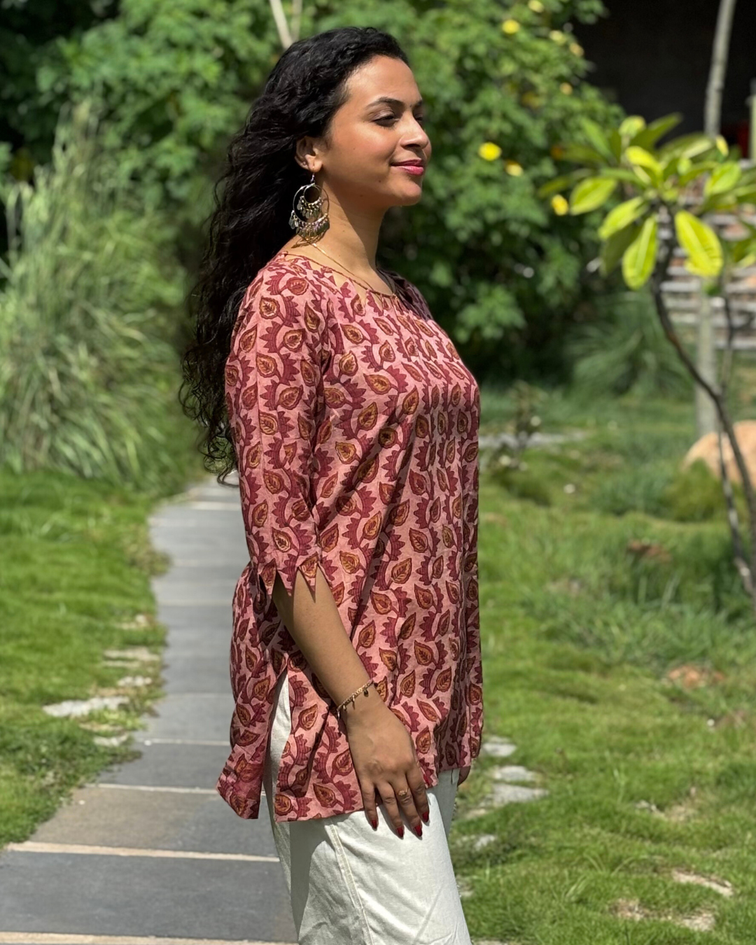Maroon Cotton Hand Block Printed Short Kurta