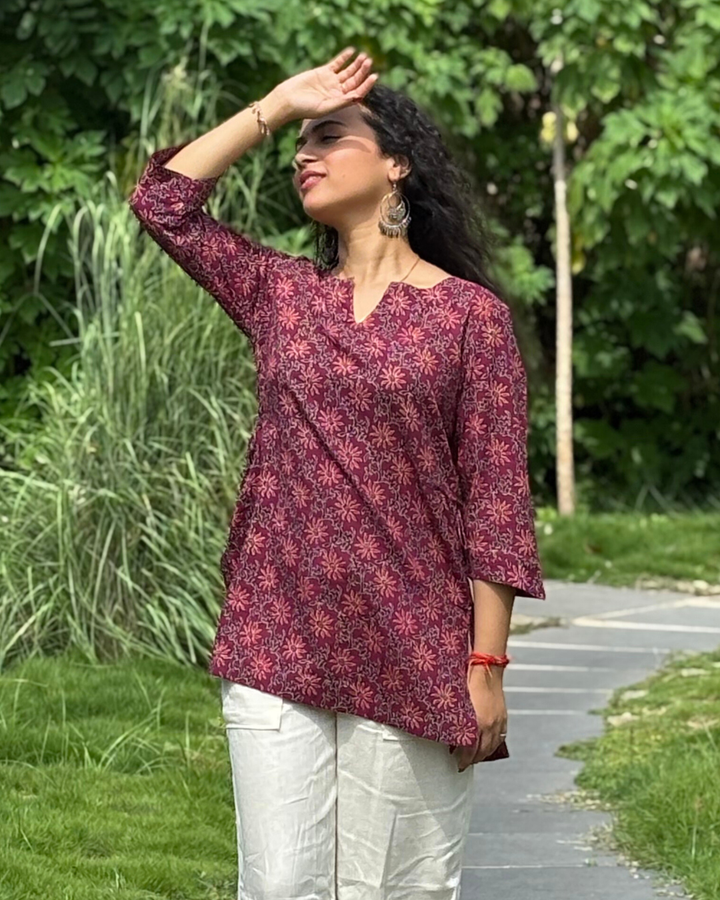 Maroon Naaptol Cotton Hand Block Printed Short Kurta