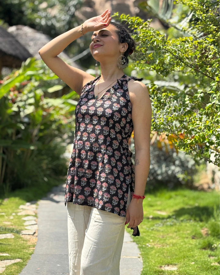Black Ajrak Cotton Hand Block Printed Short Kurta