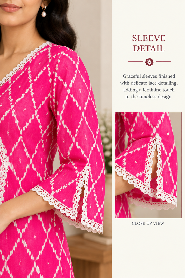 Fuchsia Pink Ikat Print Angrakha Kurti with Lace Trim