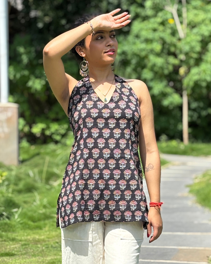 Black Ajrak Cotton Hand Block Printed Short Kurta