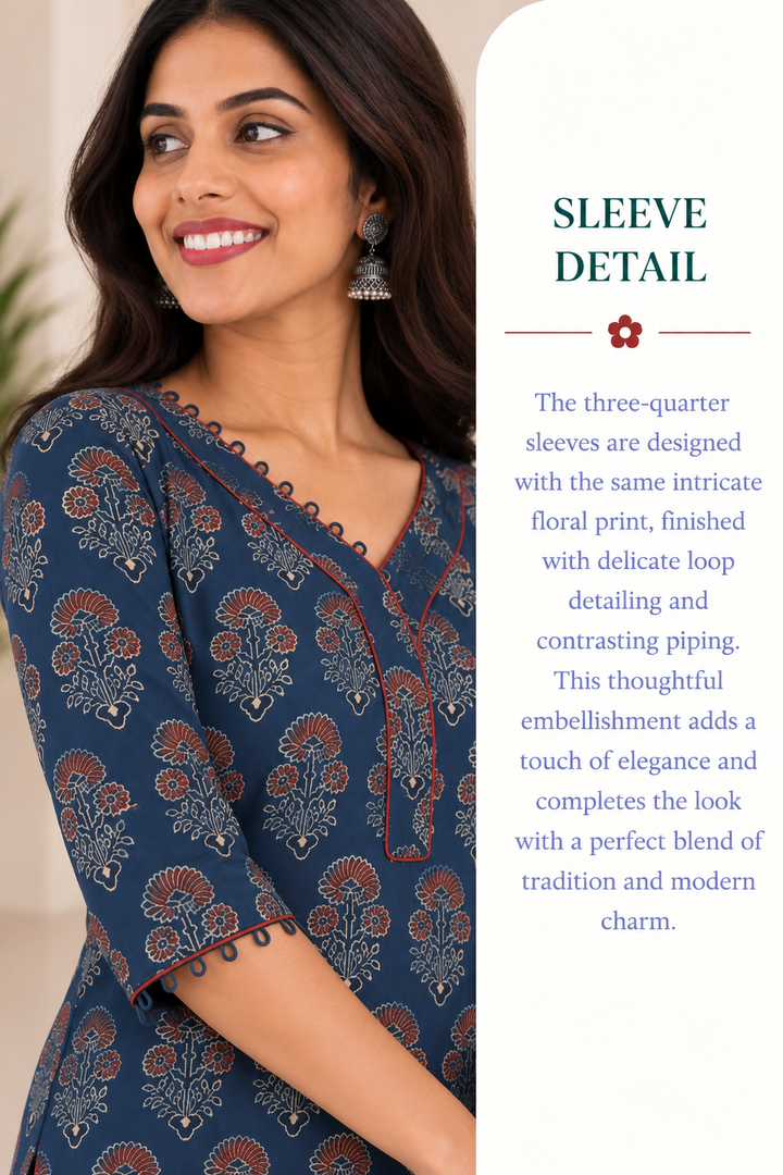 Blue Cotton Ajrak Hand Block Printed Long Kurta