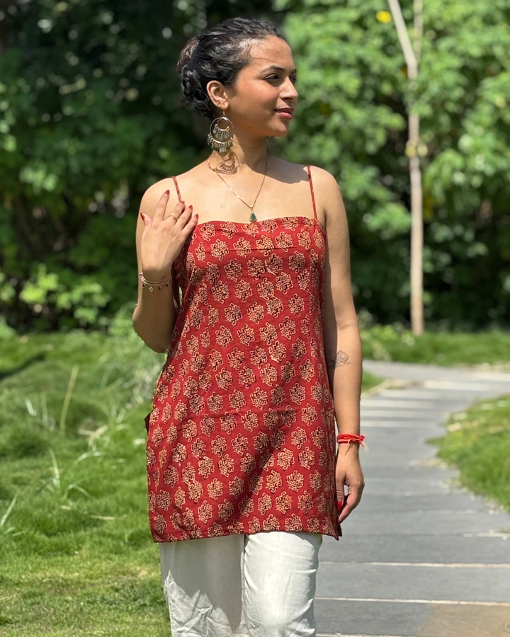 Maroon Ajrak Cotton Hand Block Printed Short Kurta