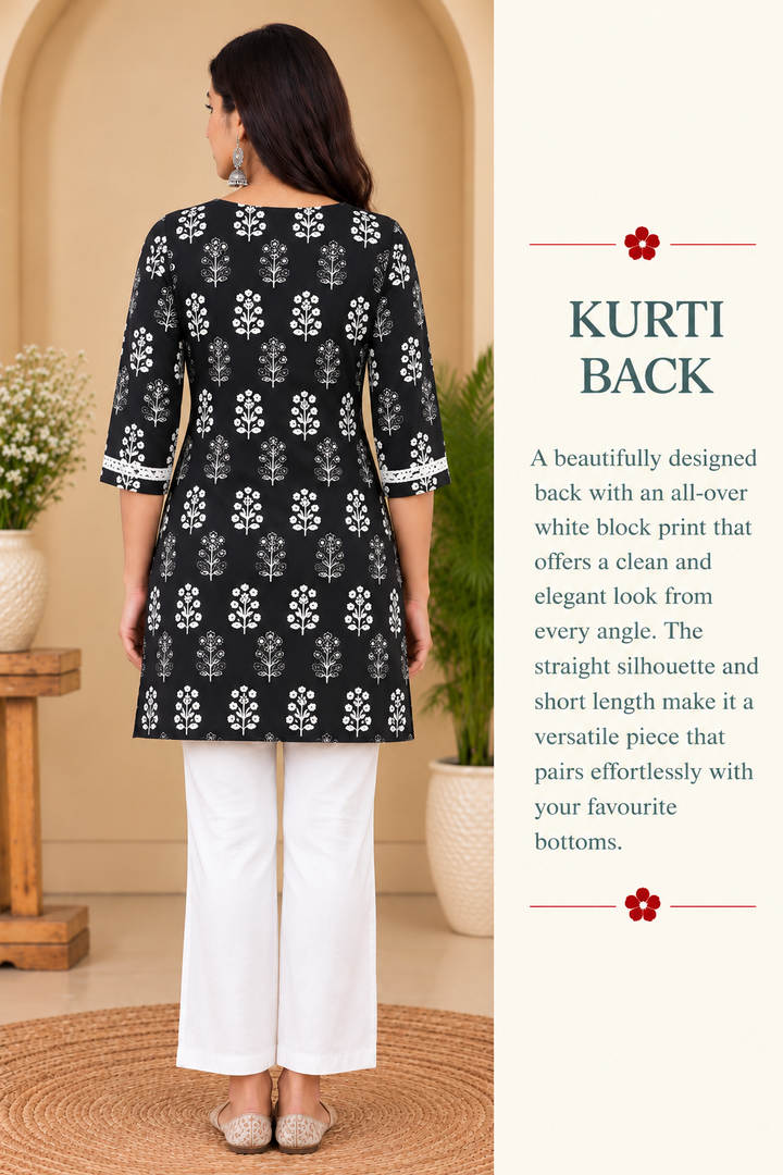 Ajrak Black Cotton Hand Block Printed Short Kurta