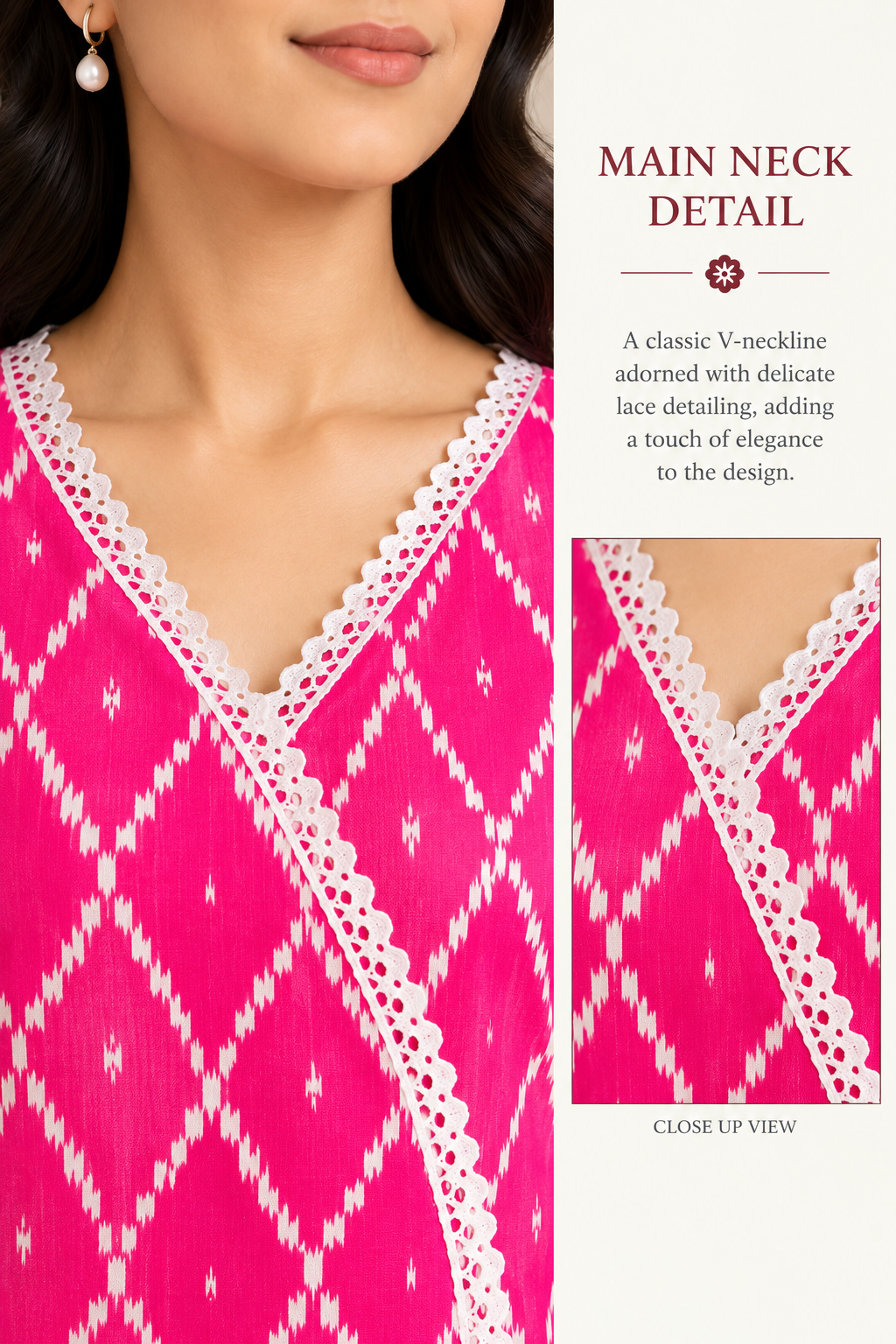 Fuchsia Pink Ikat Print Angrakha Kurti with Lace Trim