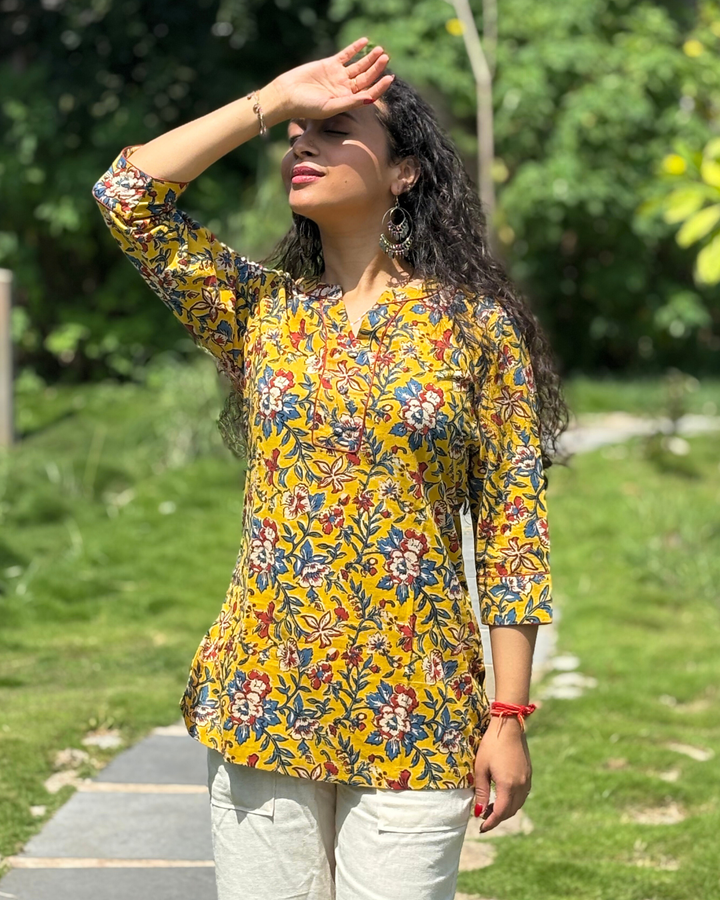 Mustard Sanganeri Cotton Hand Block Printed Short Kurta