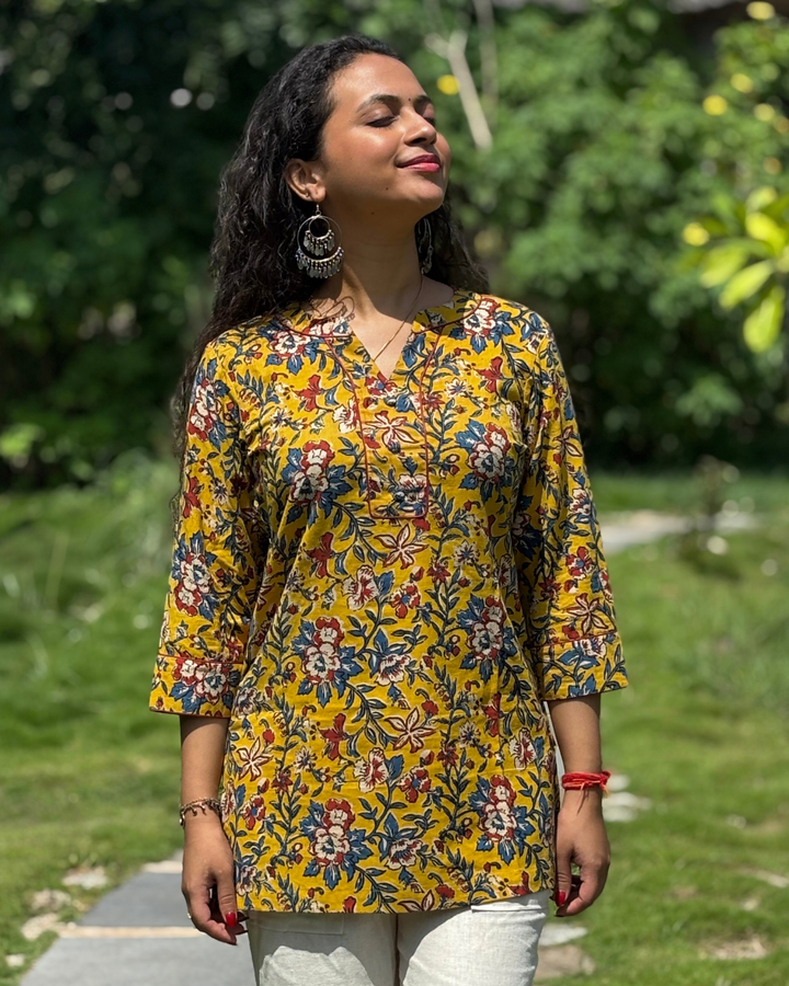 Mustard Sanganeri Cotton Hand Block Printed Short Kurta