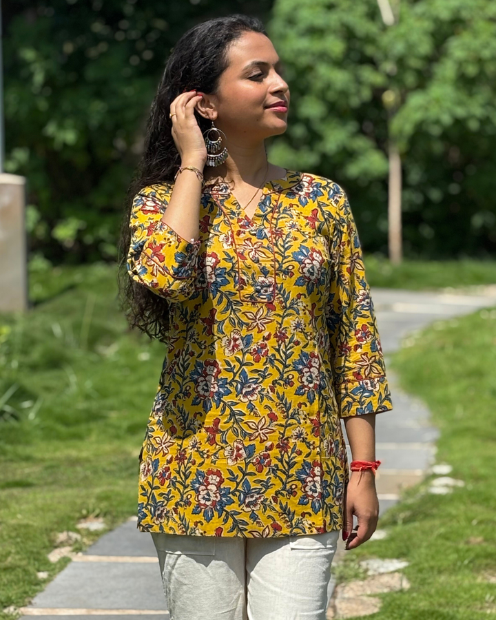 Mustard Sanganeri Cotton Hand Block Printed Short Kurta