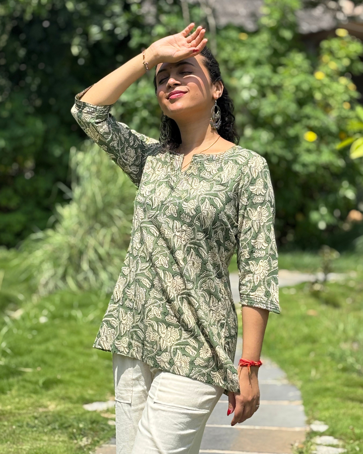 Green Cotton Hand Block Printed Short Kurta