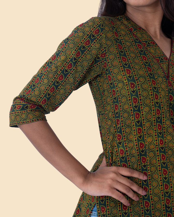 Green Cotton Ajrakh Hand Block Printed Short Kurta