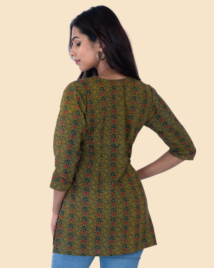 Green Cotton Ajrakh Hand Block Printed Short Kurta
