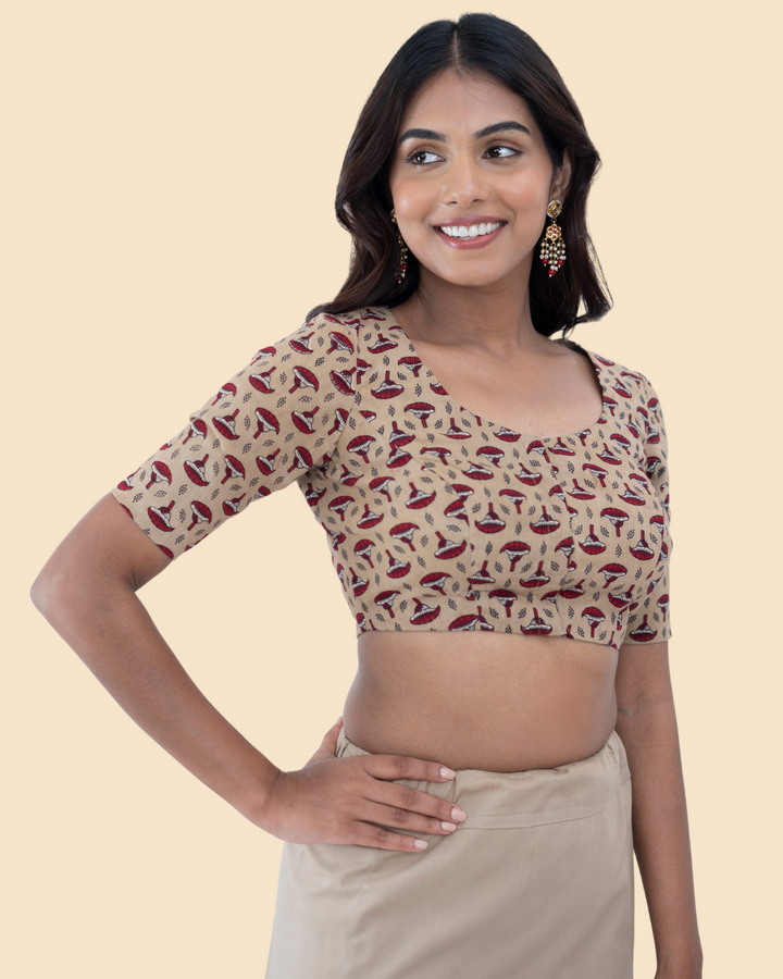 Beige Cotton Ajrak Hand Block Printed Blouse