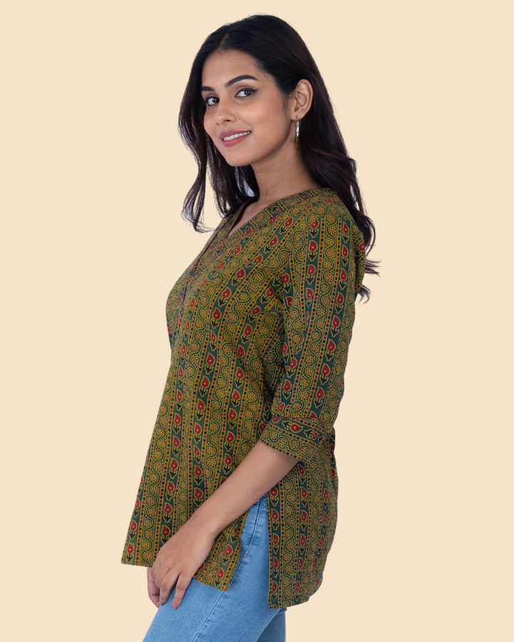 Green Cotton Ajrakh Hand Block Printed Short Kurta