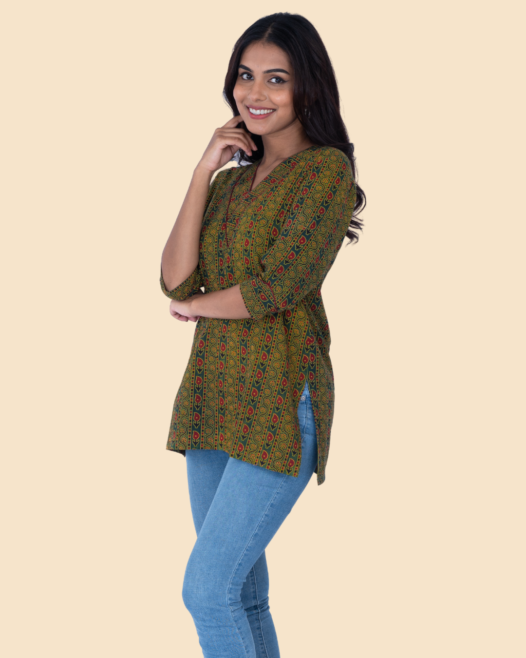 Green Cotton Ajrakh Hand Block Printed Short Kurta