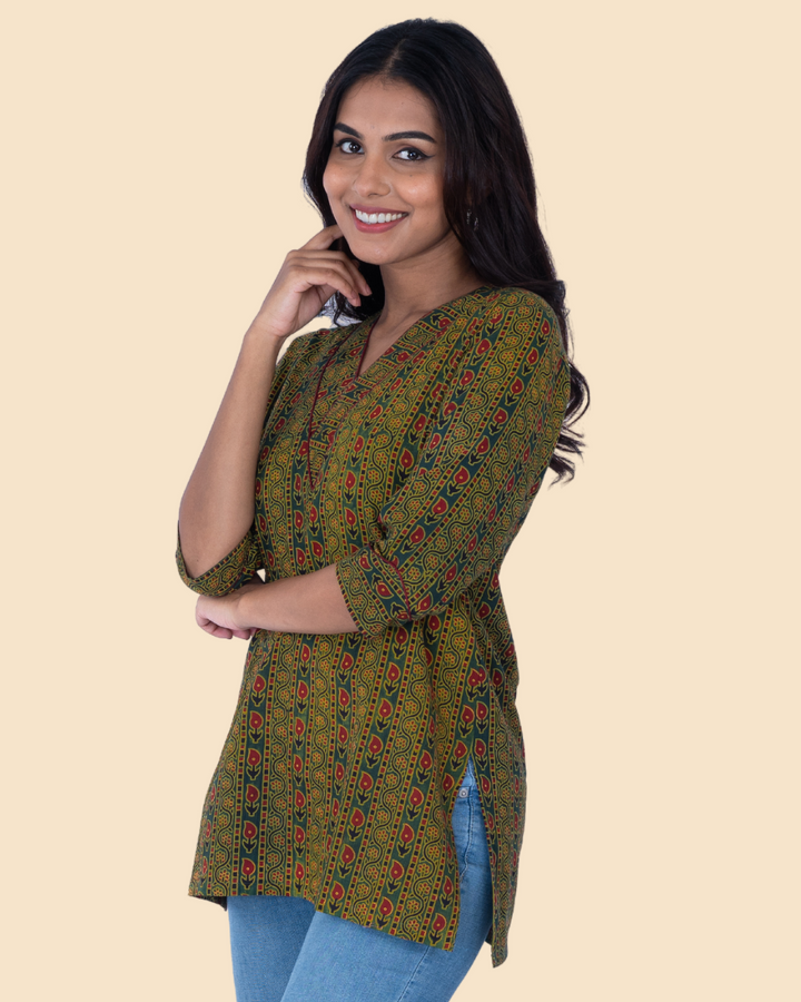 Green Cotton Ajrakh Hand Block Printed Short Kurta