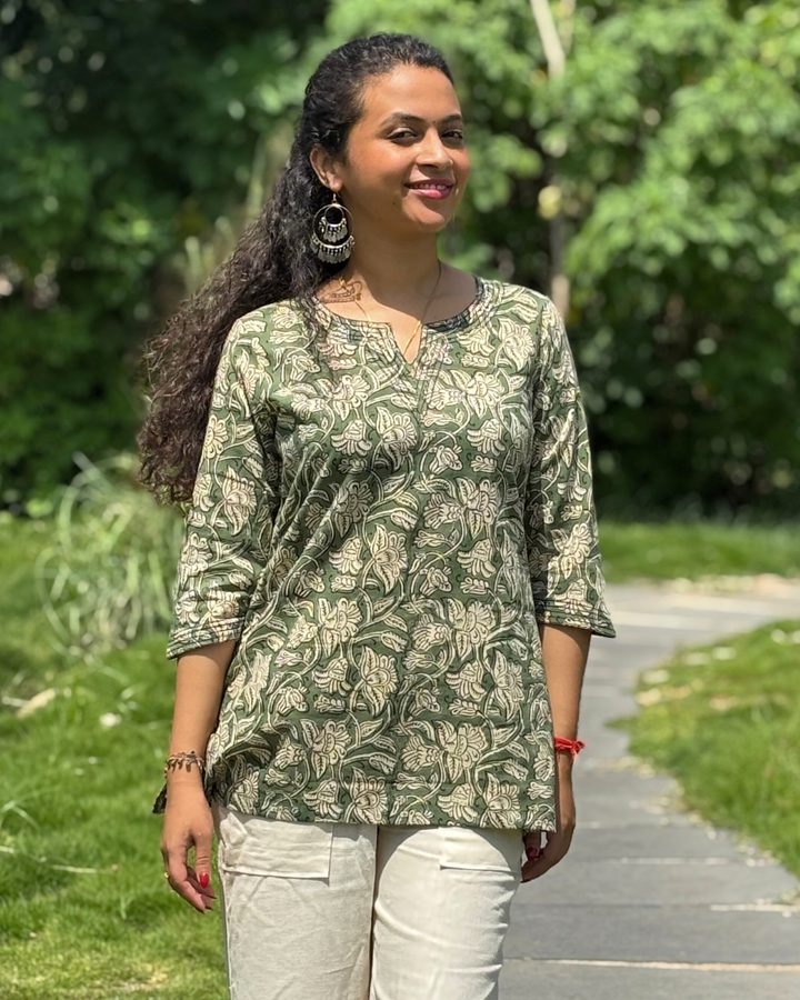 Green Cotton Hand Block Printed Short Kurta
