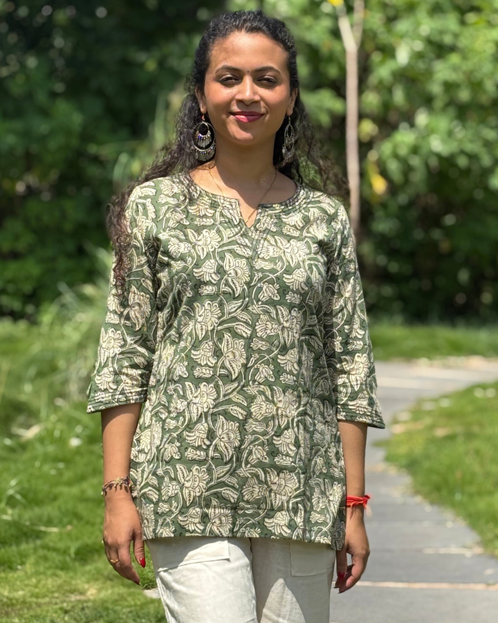 Green Cotton Hand Block Printed Short Kurta