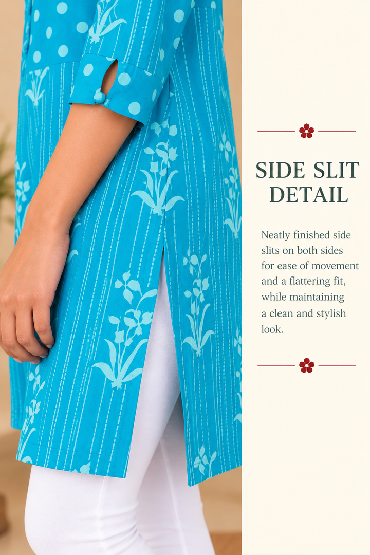 Blue Cotton Dabu Hand Block Printed Short Kurta