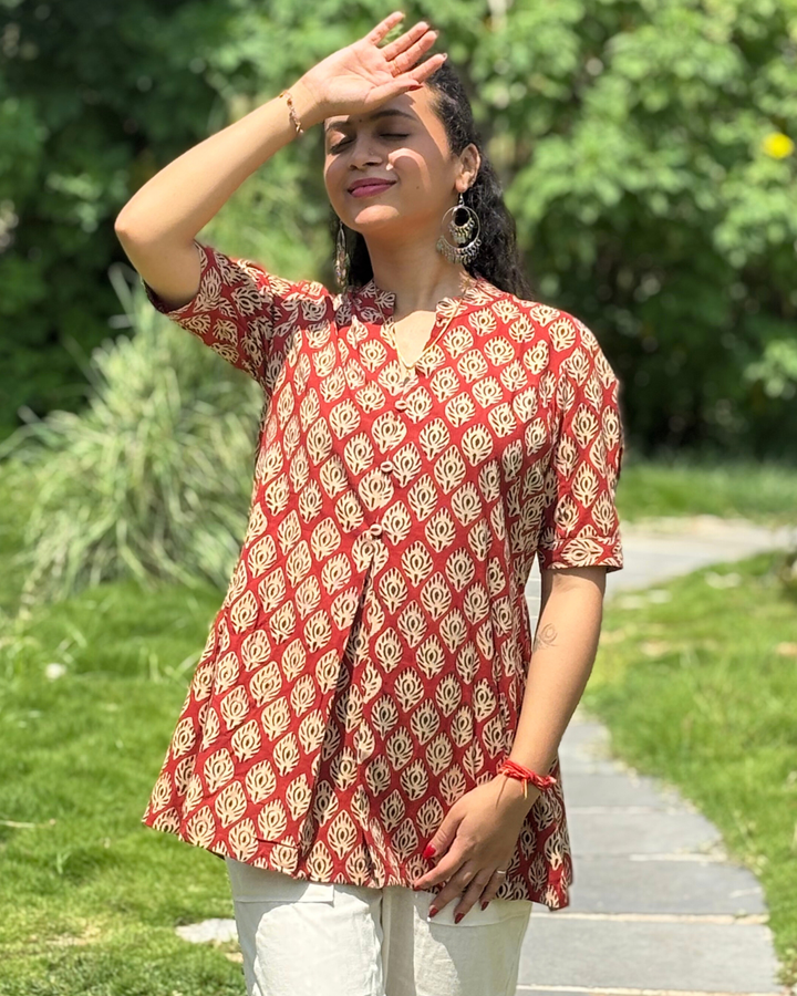 Maroon Ajrak Cotton Hand Block Printed Short Kurta