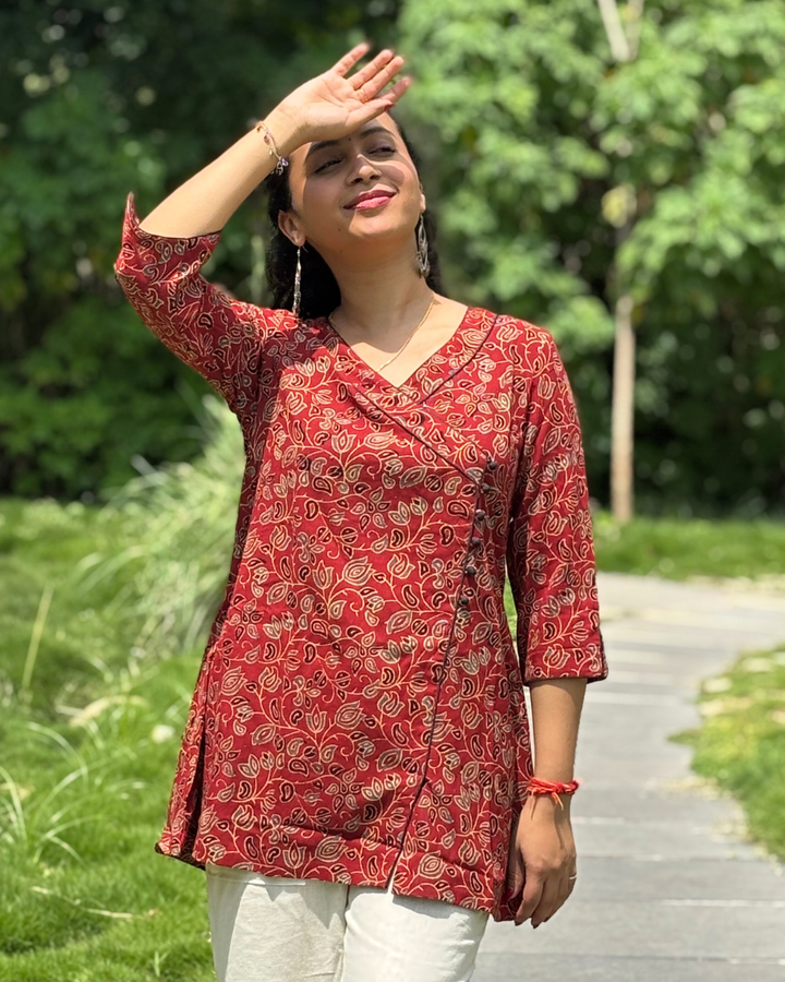 Maroon Ajrak Cotton Hand Block Printed Short Kurta