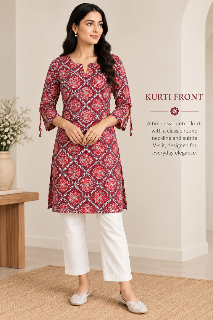 Maroon Bandhani & Floral Print Short Kurti