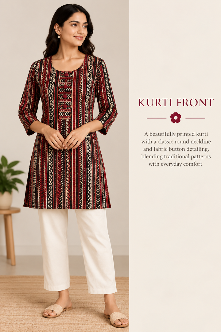 Maroon & Black Ethnic Block-Printed Short Kurti