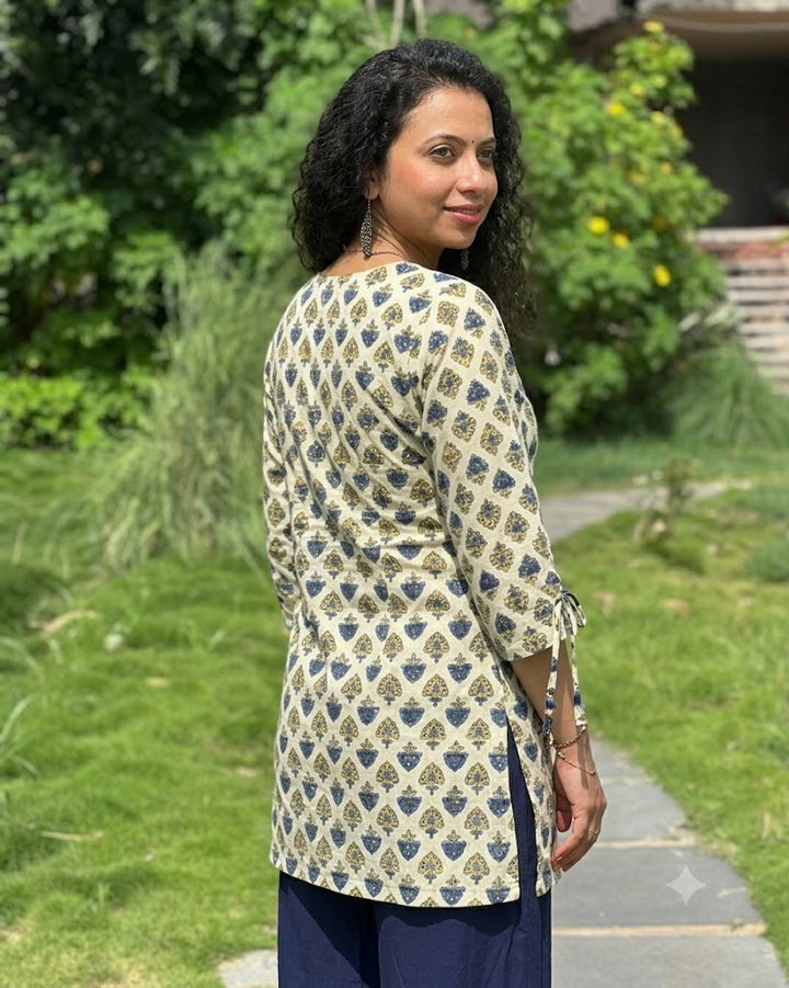Beige Ajrak Cotton Hand Block Printed Short Kurta