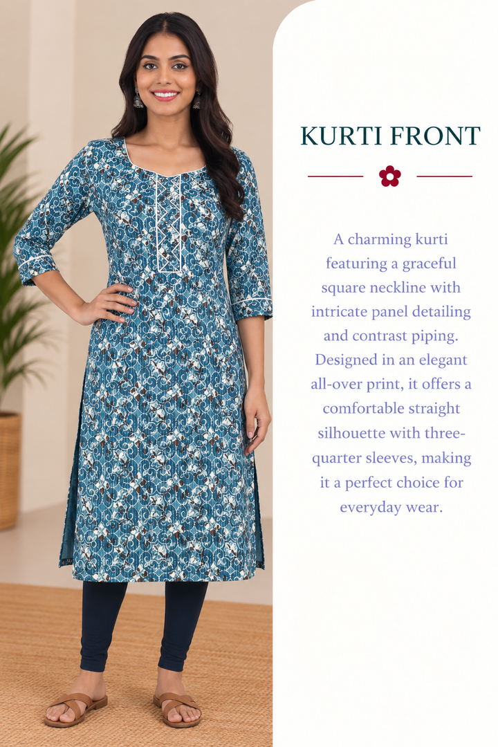 Blue Cotton Kantha Block Printed Long Kurta