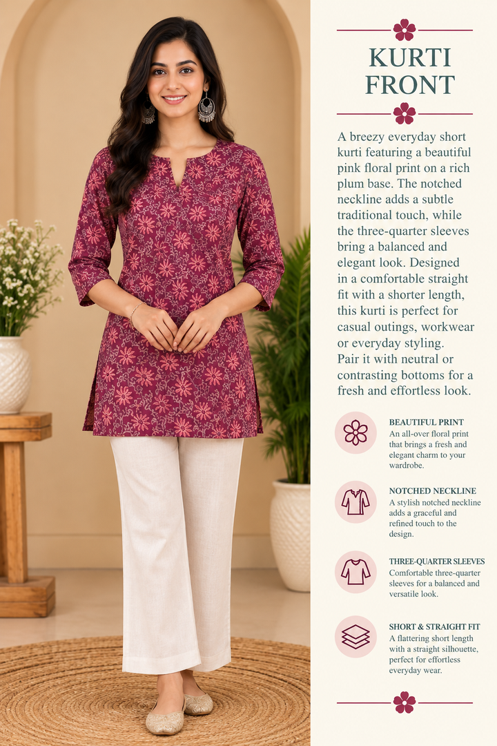 Maroon Naaptol Cotton Hand Block Printed Short Kurta