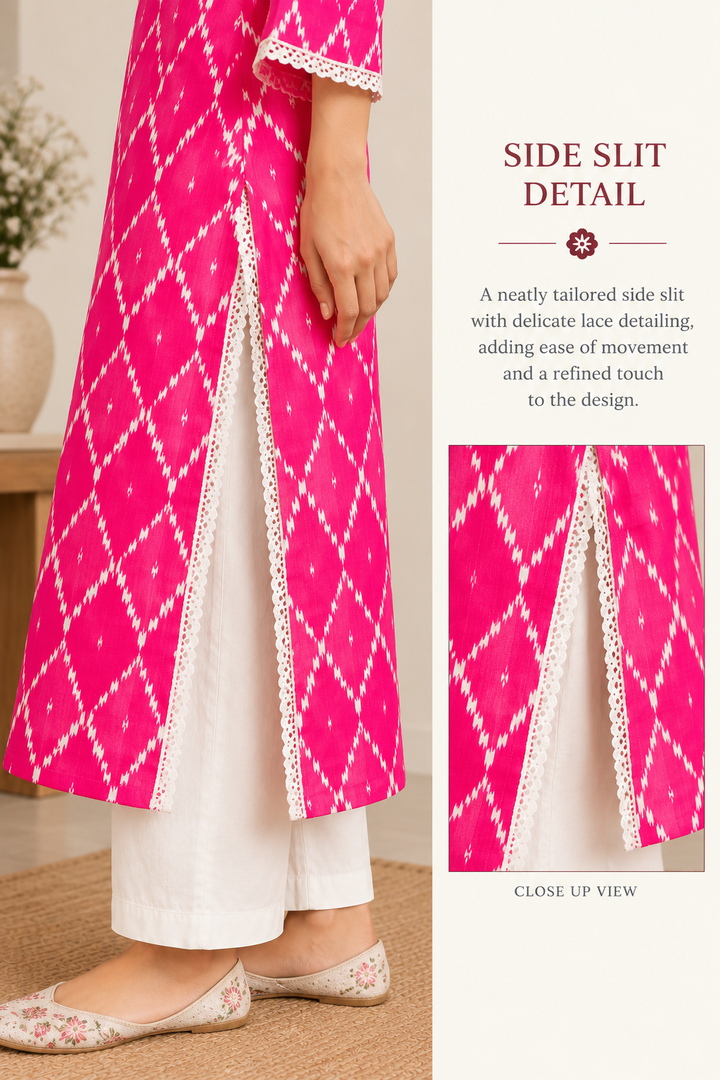 Fuchsia Pink Ikat Print Angrakha Kurti with Lace Trim