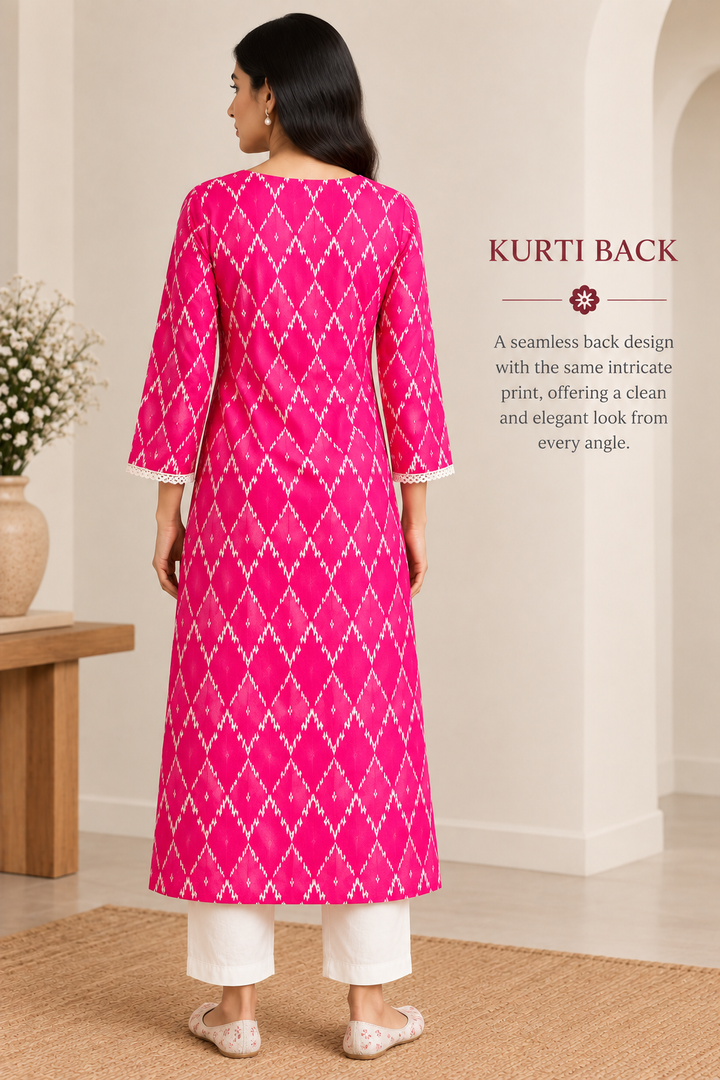 Fuchsia Pink Ikat Print Angrakha Kurti with Lace Trim