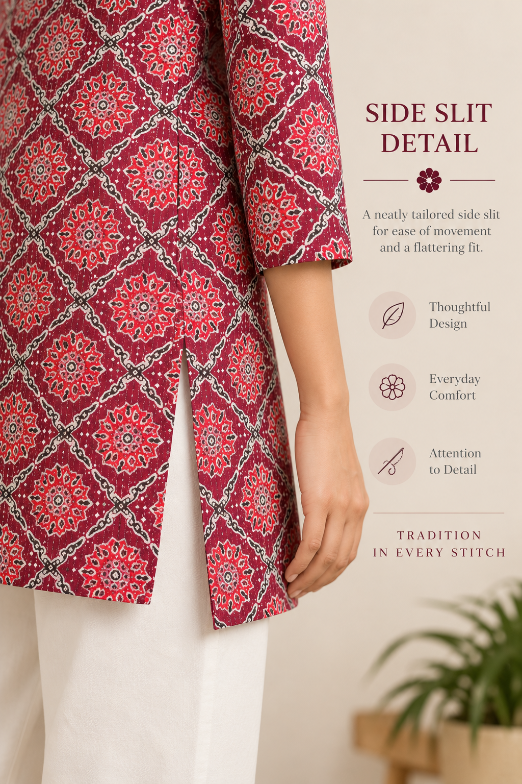 Maroon Bandhani & Floral Print Short Kurti