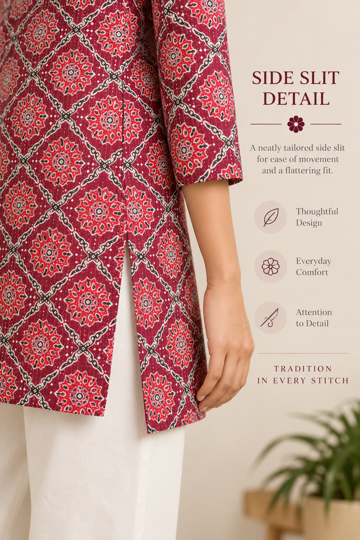 Maroon Bandhani & Floral Print Short Kurti