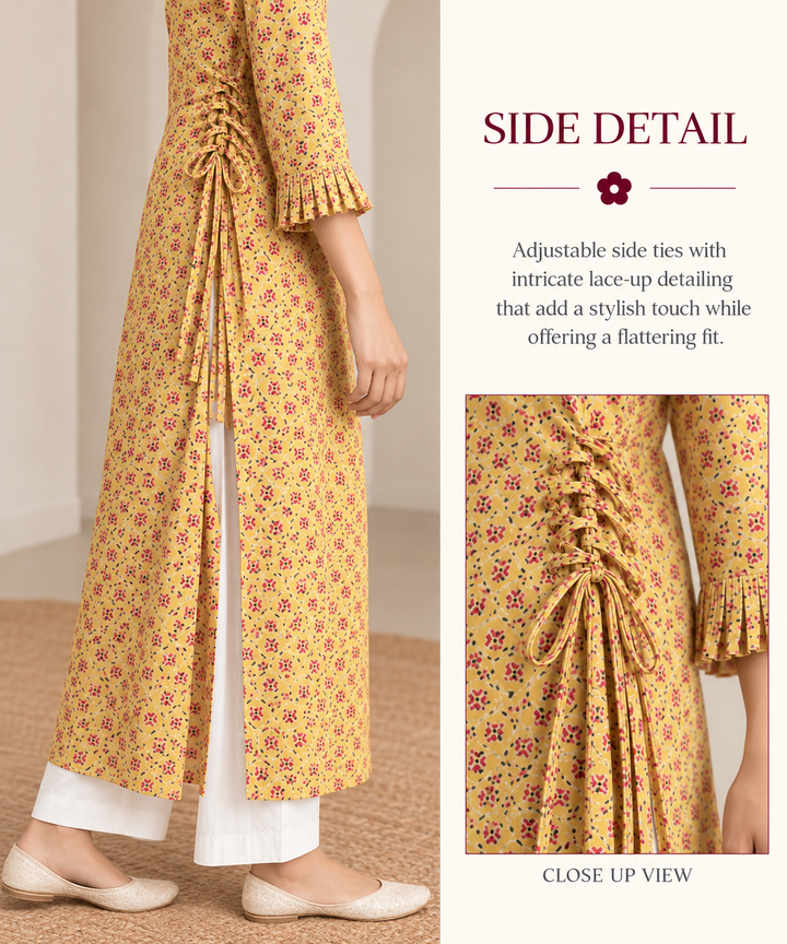 Yellow Floral Print Long Kurti with Criss-Cross Neck and Side Ties