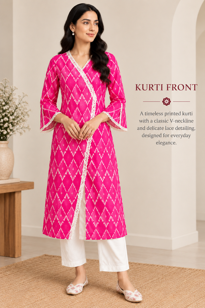 Fuchsia Pink Ikat Print Angrakha Kurti with Lace Trim