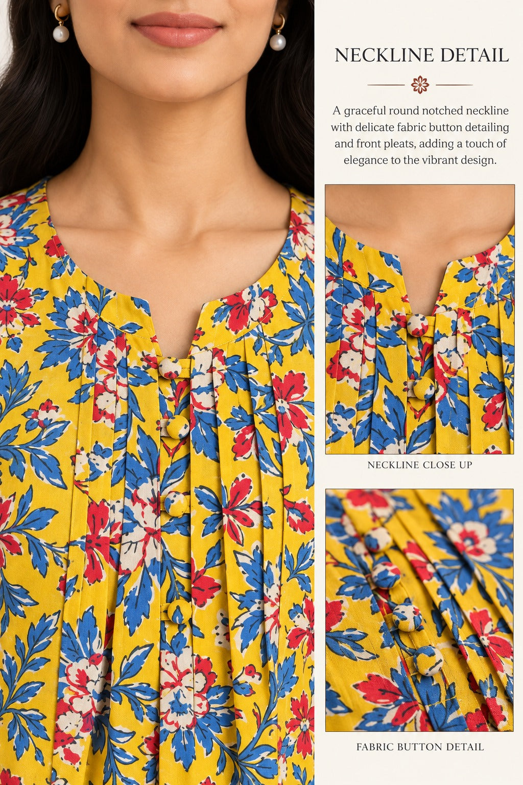 Yellow & Blue Floral Print Long Kurti with Pleated Placket