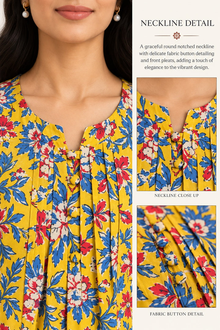 Yellow & Blue Floral Print Long Kurti with Pleated Placket