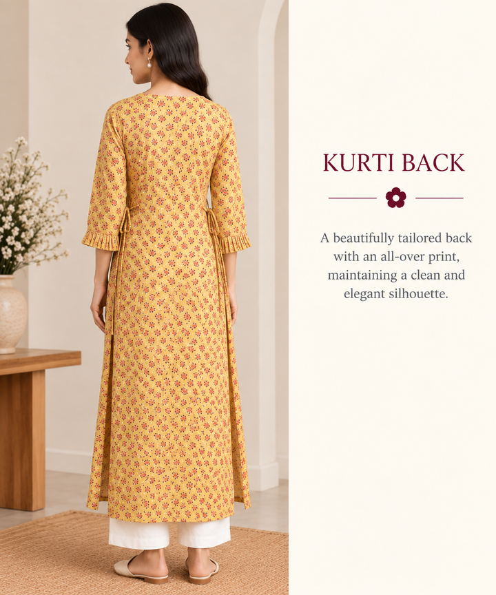 Yellow Floral Print Long Kurti with Criss-Cross Neck and Side Ties