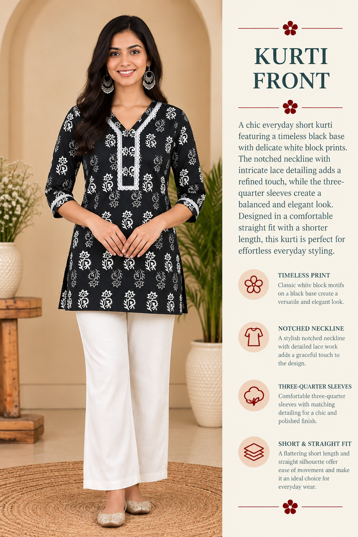 Ajrak Black Cotton Hand Block Printed Short Kurta