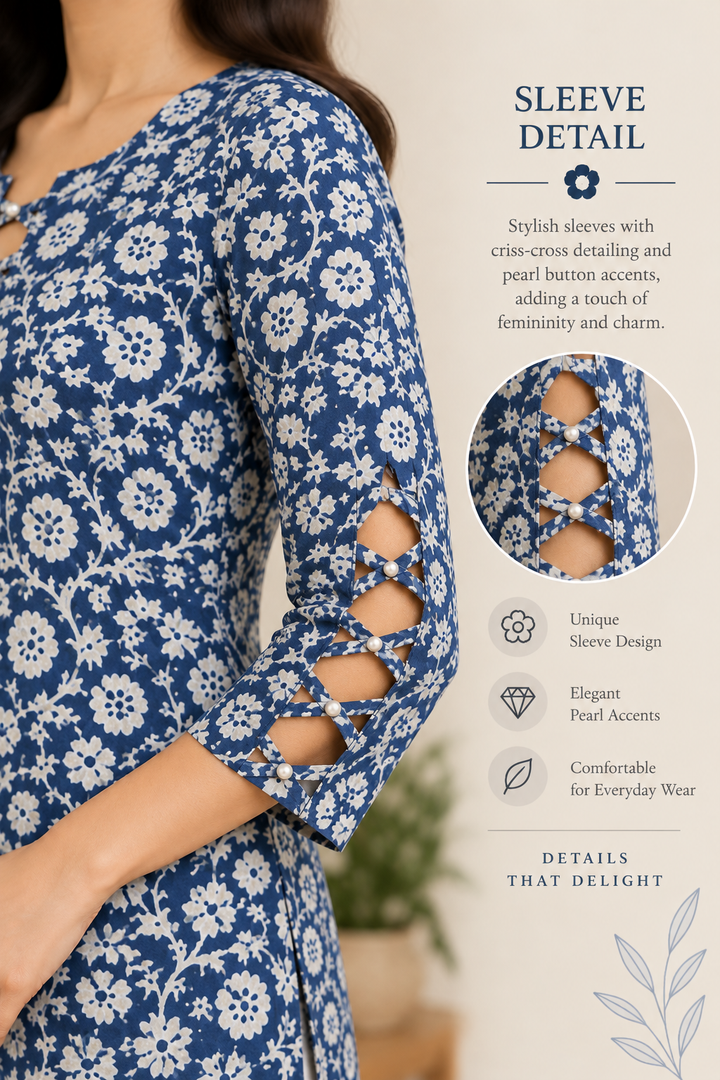 Indigo Blue Floral Block Printed Straight Kurta